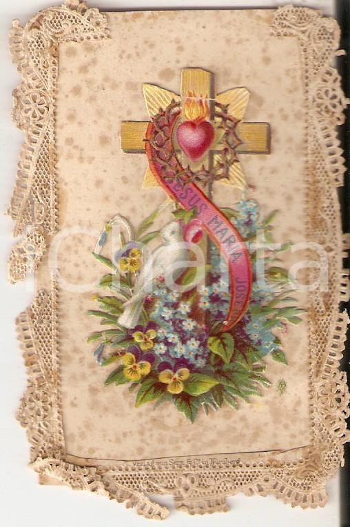 Oggetto da collezione cartaceo 1930 ca ARTE SACRA Colomba ai piedi della croce Santino ILLUSTRATO 5x8 cm 1