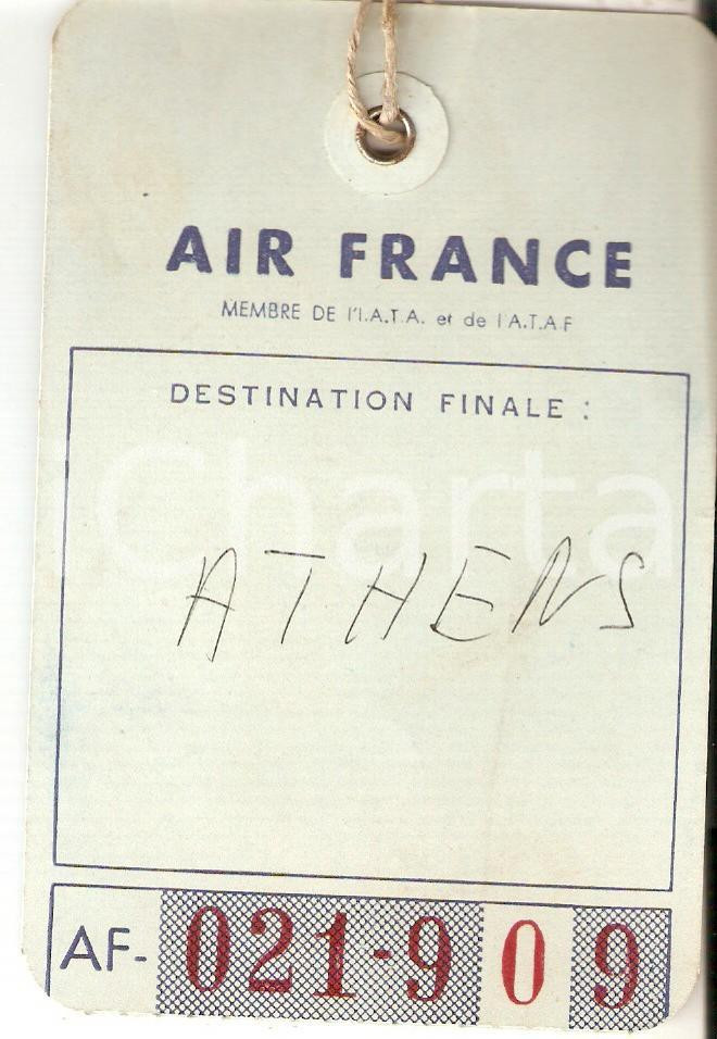 Materiale pubblicitario d’epoca 1970 ca AIR FRANCE Etichetta bagagli ATHENS VINTAGE 8x12cm 1 1