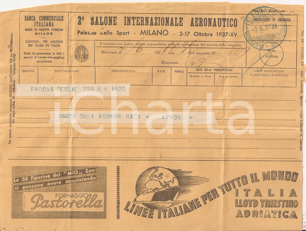 Materiale pubblicitario d’epoca 1937 Telegramma pubblicitario Salone Internazionale Aeronautico LLOYD TRIESTINO 1