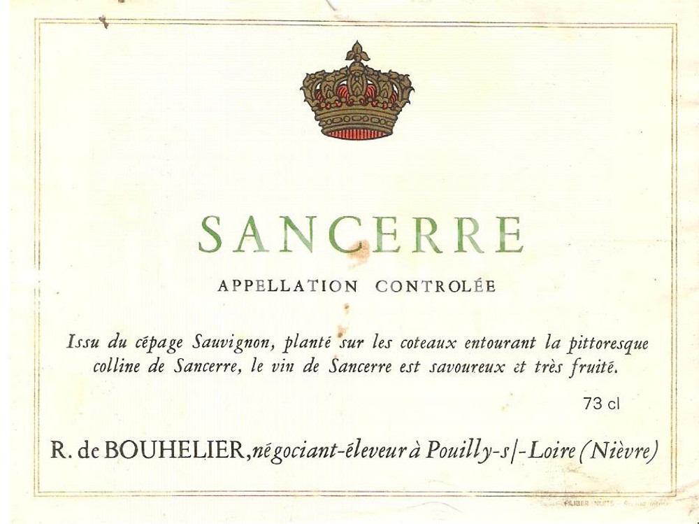 Materiale pubblicitario d’epoca 1975 ca POUILLYSURLOIRE Maison R. de BOUHELIER Vino SANCERRE Etichetta 1