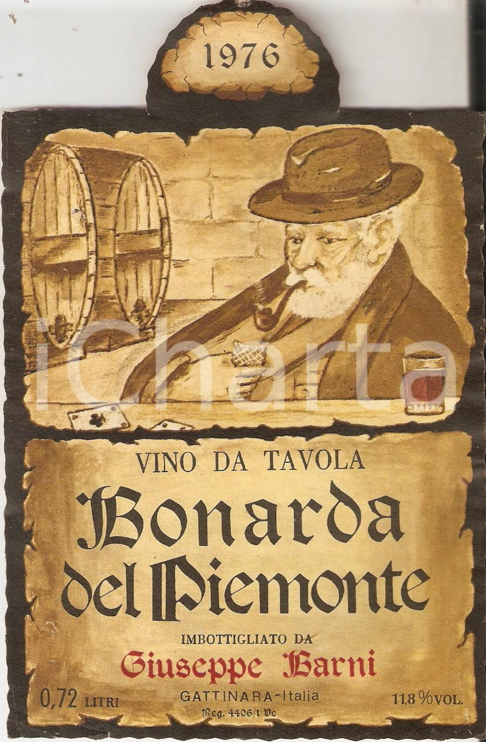 Materiale pubblicitario d’epoca 1976 GATTINARA VC Giuseppe BARNI Bonarda del Piemonte Etichetta ILLUSTRATA 1