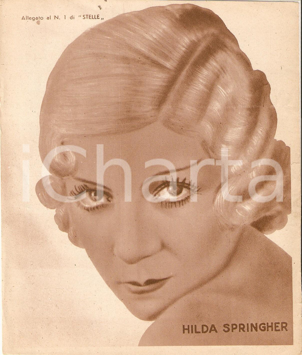 Stampa, bozzetto originale 1940 ca CINEMA Ritratto Hilda SPRINGER Allegato al n. 1 di STELLE 15x18 cm 1