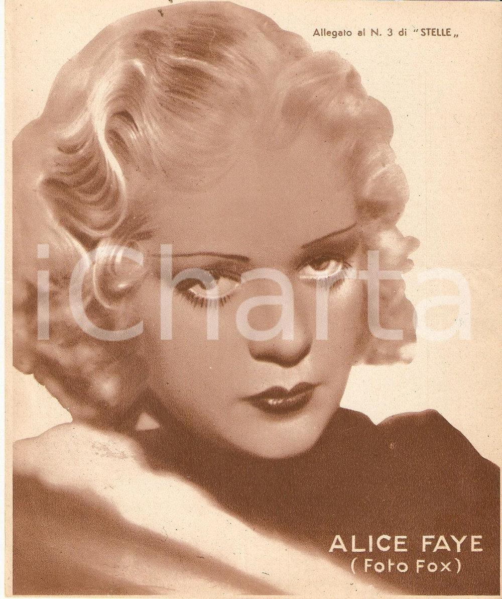 Stampa, bozzetto originale 1940 ca CINEMA Ritratto Alice FAYE Allegato al n. 3 di STELLE 15x18 cm 1