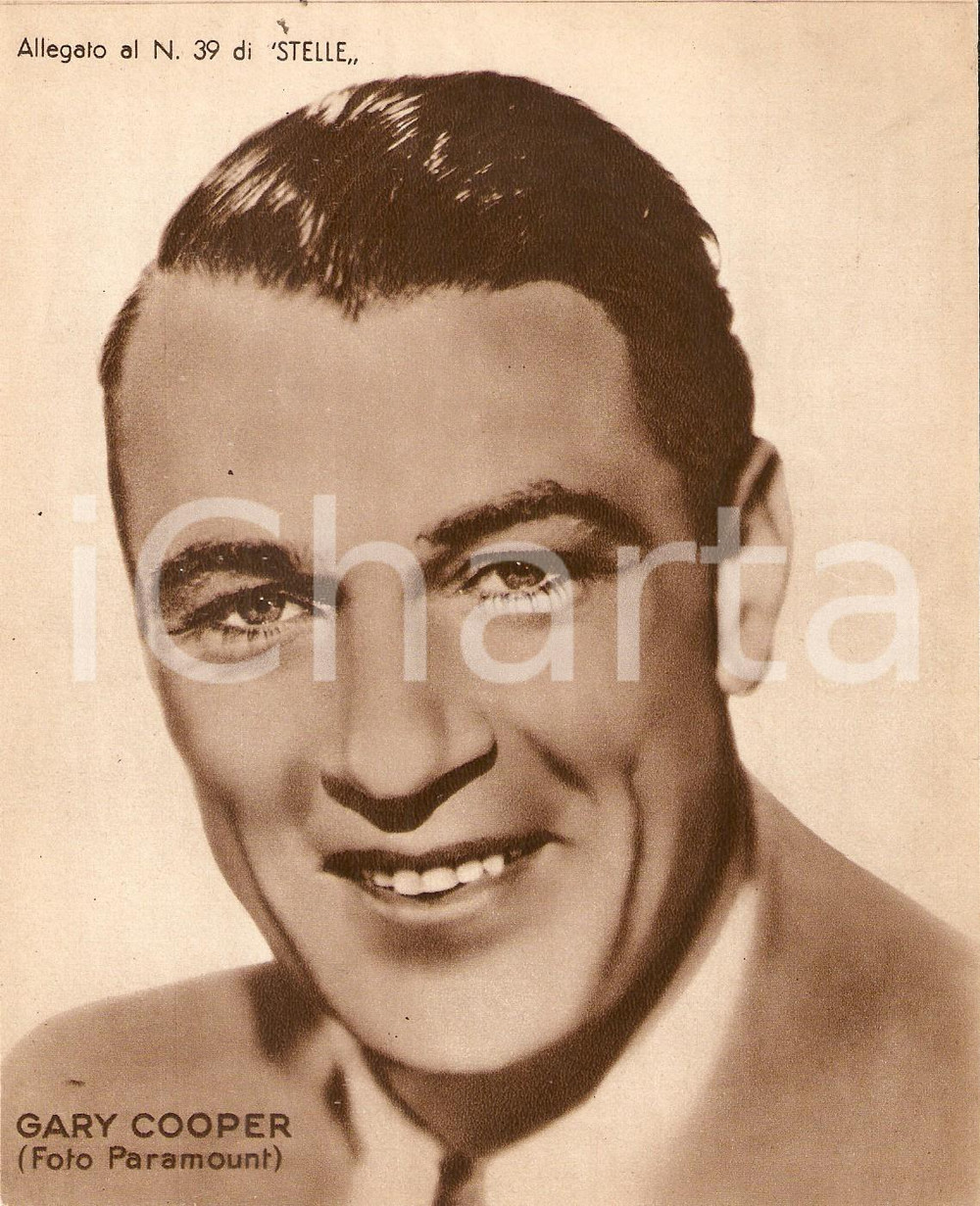 Stampa, bozzetto originale 1940 ca CINEMA Ritratto Gary COOPER Allegato al n. 39 di STELLE 15x18 cm 1