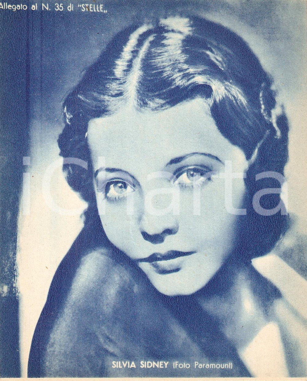 Stampa, bozzetto originale 1940 ca CINEMA Ritratto Sylvia SIDNEY Allegato al n. 35 di STELLE 15x18 cm 1