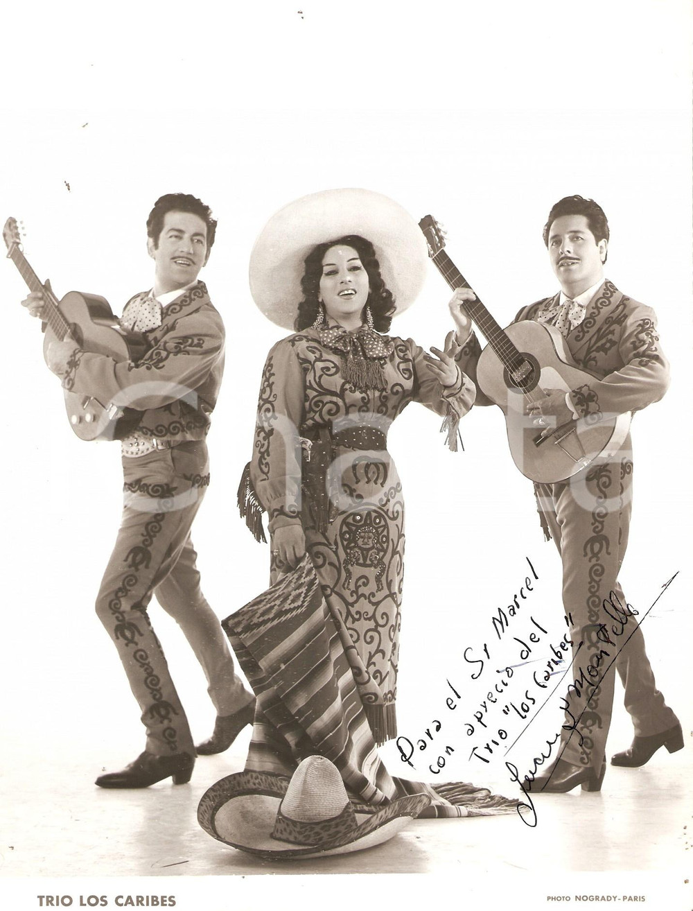 Autografo originale 1960 ca PARIS Trio mexicano LOS CARIBES  VarietÃ  Foto con AUTOGRAFO 18x24 1