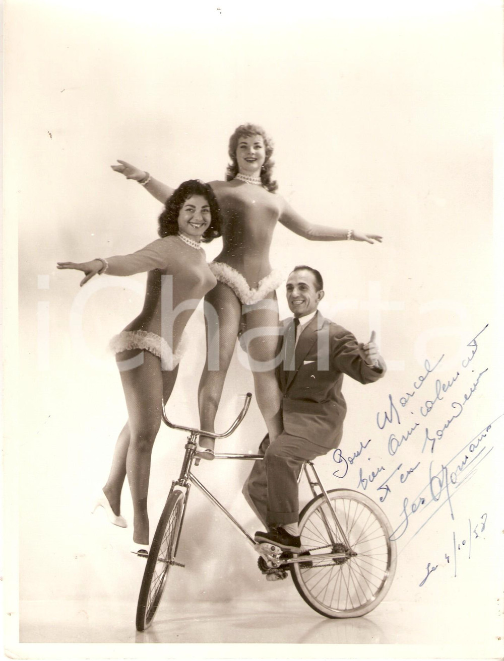 Autografo originale 1958 FRANCE CIRCUS Les ROMANO  Acrobati ballerini in bici Foto con AUTOGRAFO 1