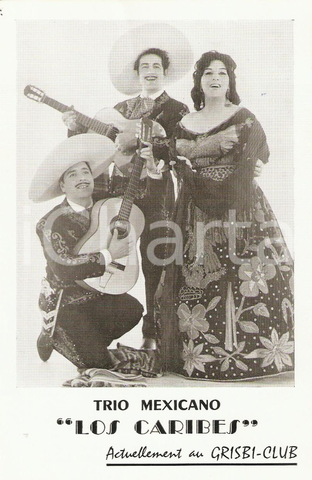 Cartolina originale da collezione 1960 ca PARIS GRISBICLUB Trio mexicano LOS CARIBES Cartolina pubblicitaria 1