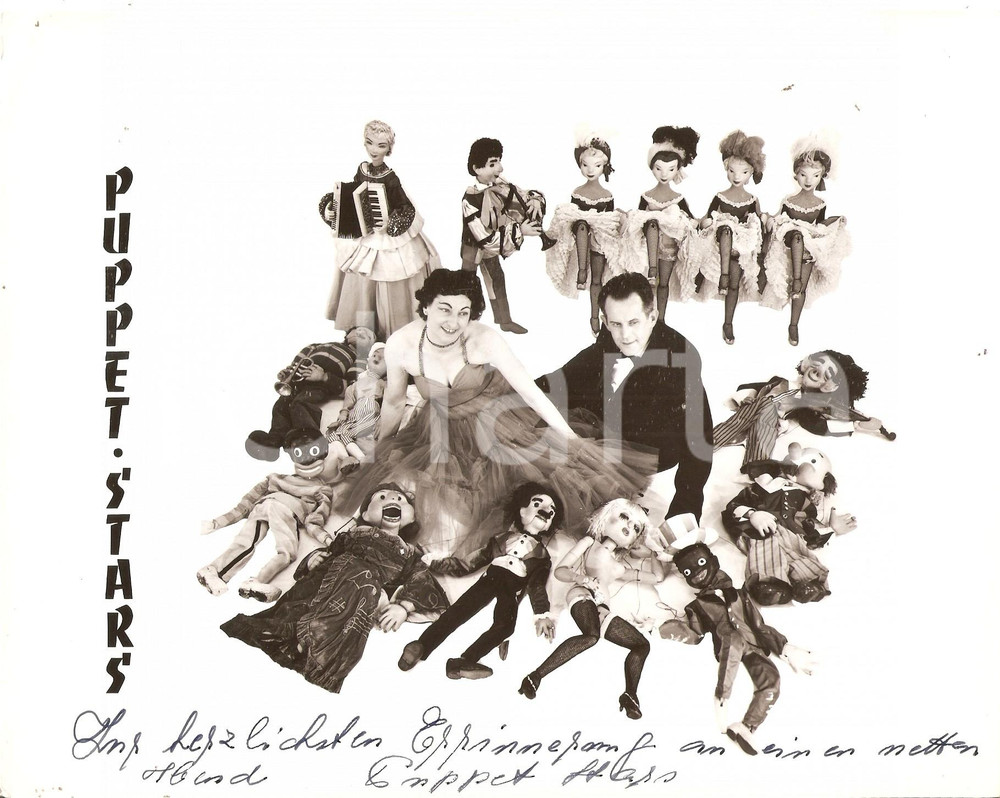 Autografo originale 1960 ca CIRCUS PUPPET STARS Artisti con le loro marionette Foto con AUTOGRAFO 1