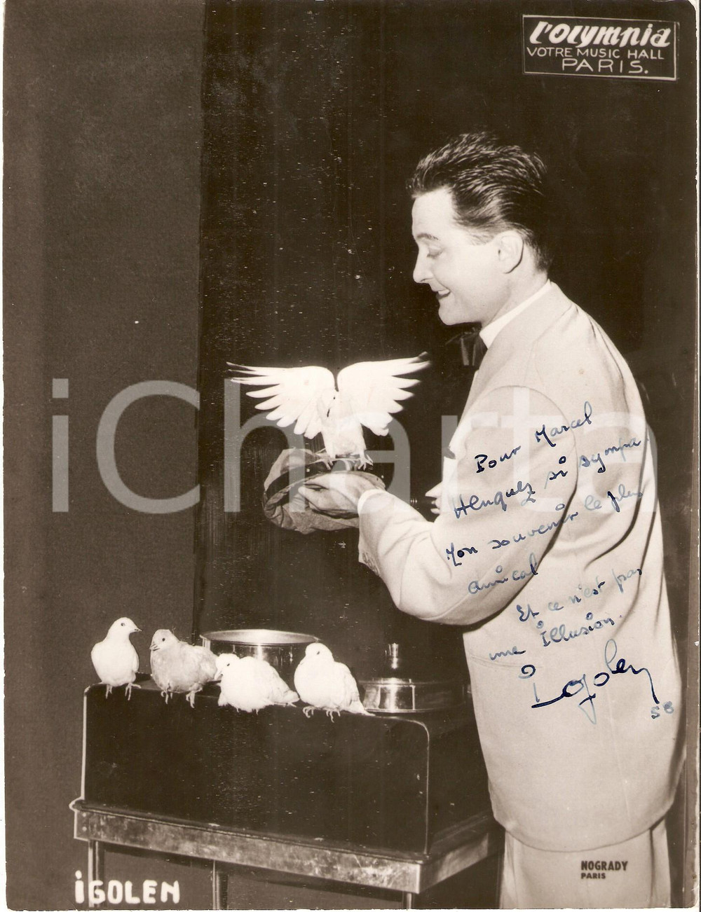 Autografo originale 1958 PARIS OLYMPIA Prestigiatore Ricky IGOLEN con le colombe Foto con AUTOGRAFO 1