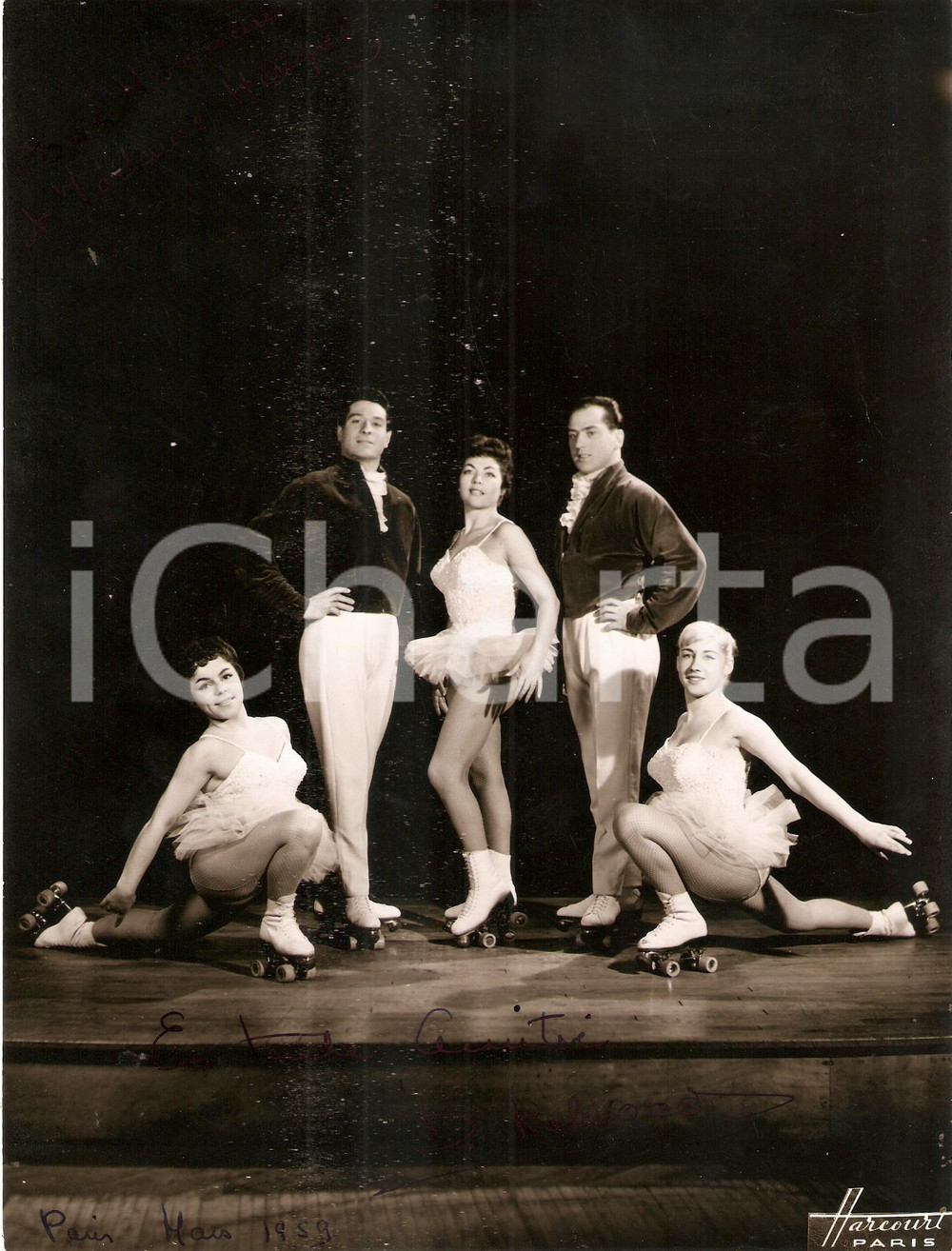Autografo originale 1959 FRANCE CIRCUS Ritratto gruppo THE ROLWOOD Pattinaggio Foto con AUTOGRAFO 1