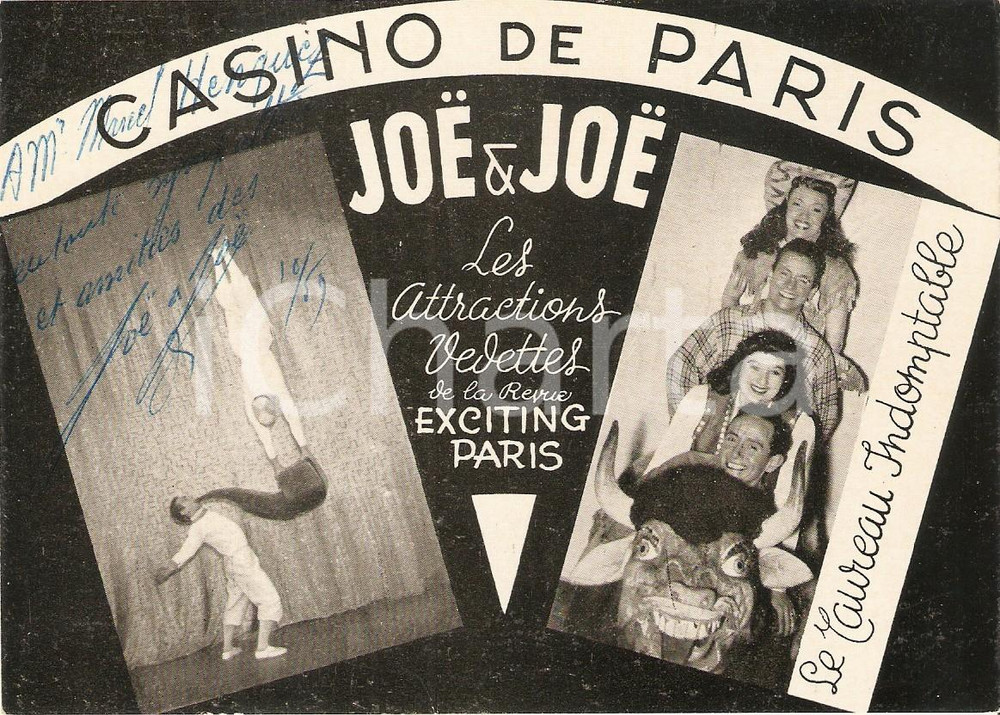 Autografo originale 1959 JOE & JOE Revue Exciting Paris au Casino de Paris  Cartoncino autografato 1
