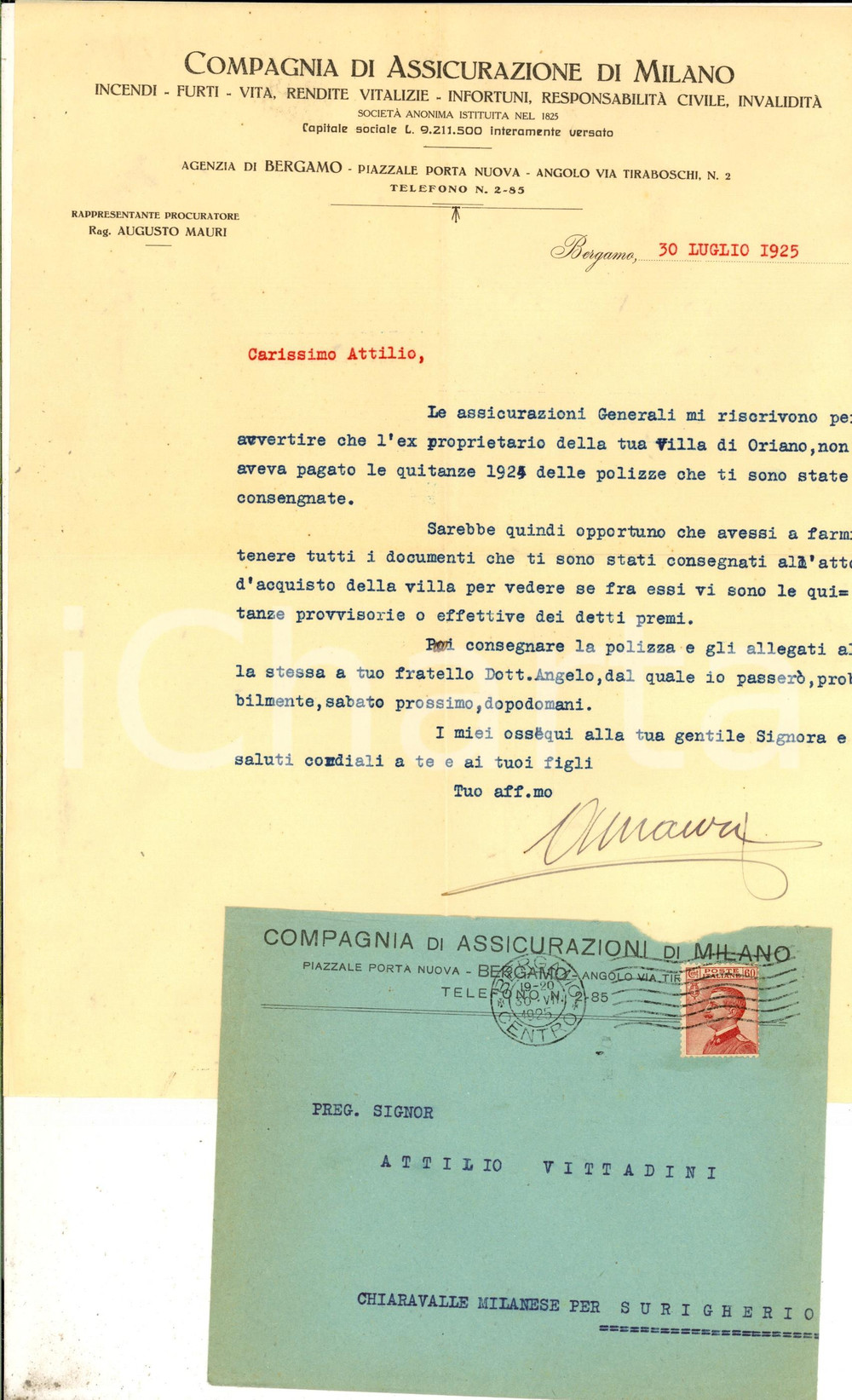Manoscritto, lettera originale 1925 BERGAMO Compagnia di Assicurazione di Milano   Lettera con busta intestata 1