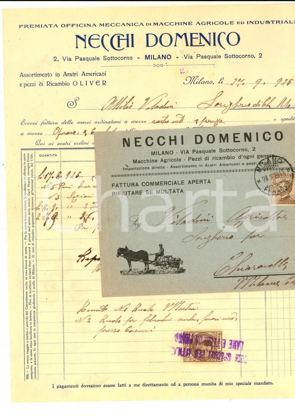 Manoscritto, lettera originale 1925 MILANO Domenico NECCHI Officina meccanica  Fattura intestata con busta 1
