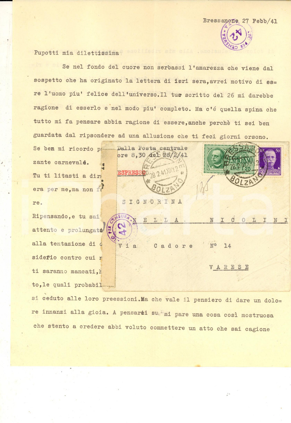 Manoscritto, lettera originale 1941 WW1 BRESSANONE Capitano Alfonso LO JACONO alla fidanzata Espresso L. 25 1