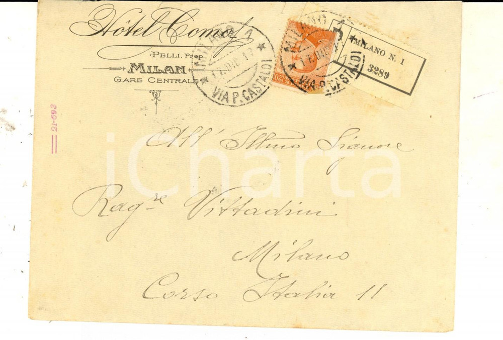 Materiale pubblicitario d’epoca 1917 MILANO CENTRALE  Hotel COMO ProprietÃ  PELLI Busta intestata VUOTA 1
