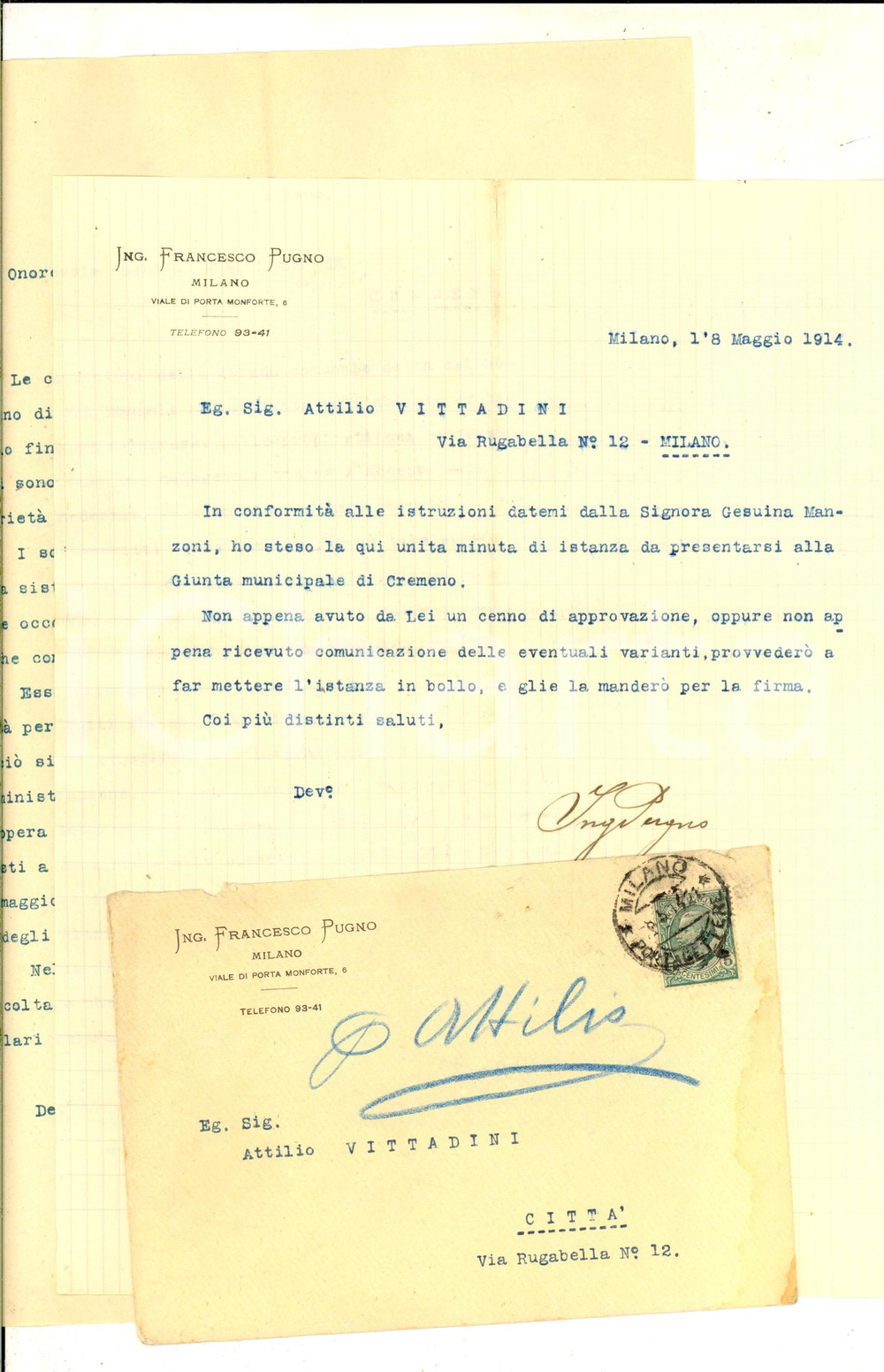 Manoscritto, lettera originale 1914 MILANO Lettera ing. Francesco PUGNO  Firma AUTOGRAFA e busta intestata 1