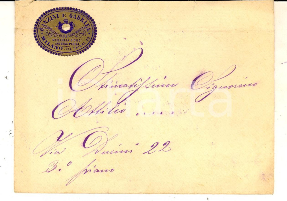 Materiale pubblicitario d’epoca 1910 ca MILANO Via Unione 10 Fotografi GANZINI E GABRIEL  BUSTA VUOTA 1