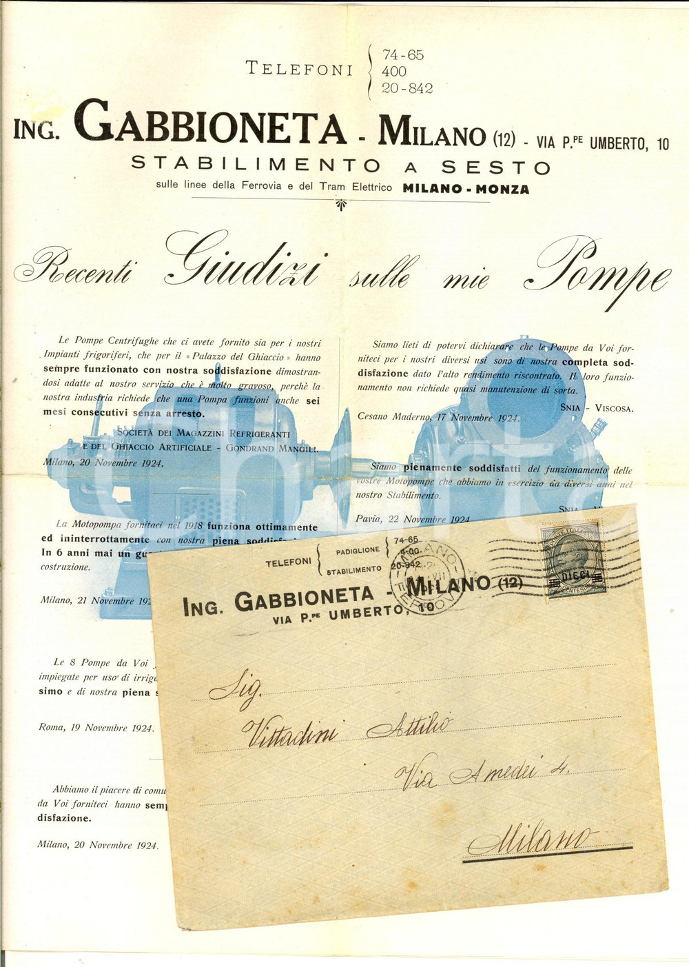 Manoscritto, lettera originale 1925 MILANO Ing. GABBIONETA Pieghevole pubblicitario con busta viaggiata 1