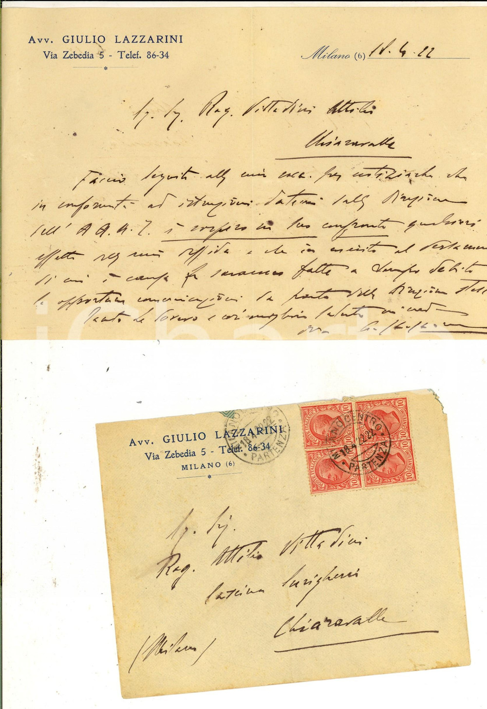 Manoscritto, lettera originale 1922 MILANO Avv. Giulio LAZZARINI al rag. Attilio VITTADINI Lettera con busta 1