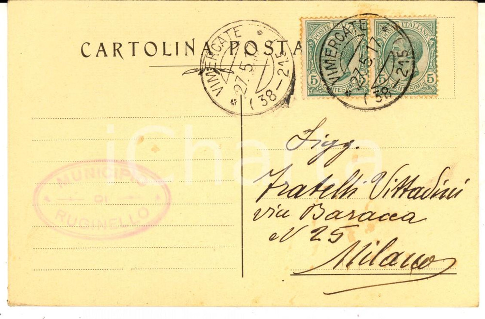 Cartolina originale da collezione 1917 RUGINELLO /VIMERCATE MB Cartolina postale ai fratelli VITTADINI 1