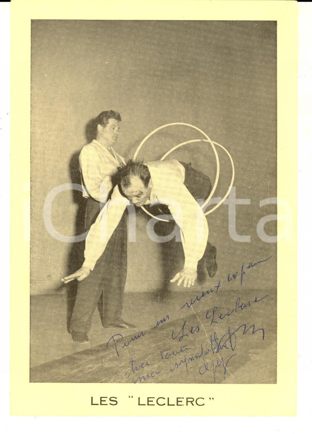 Autografo originale 1960 ca FRANCE CIRCUS Ritratto del duo LES LECLERC Foto seriale con AUTOGRAFO 1