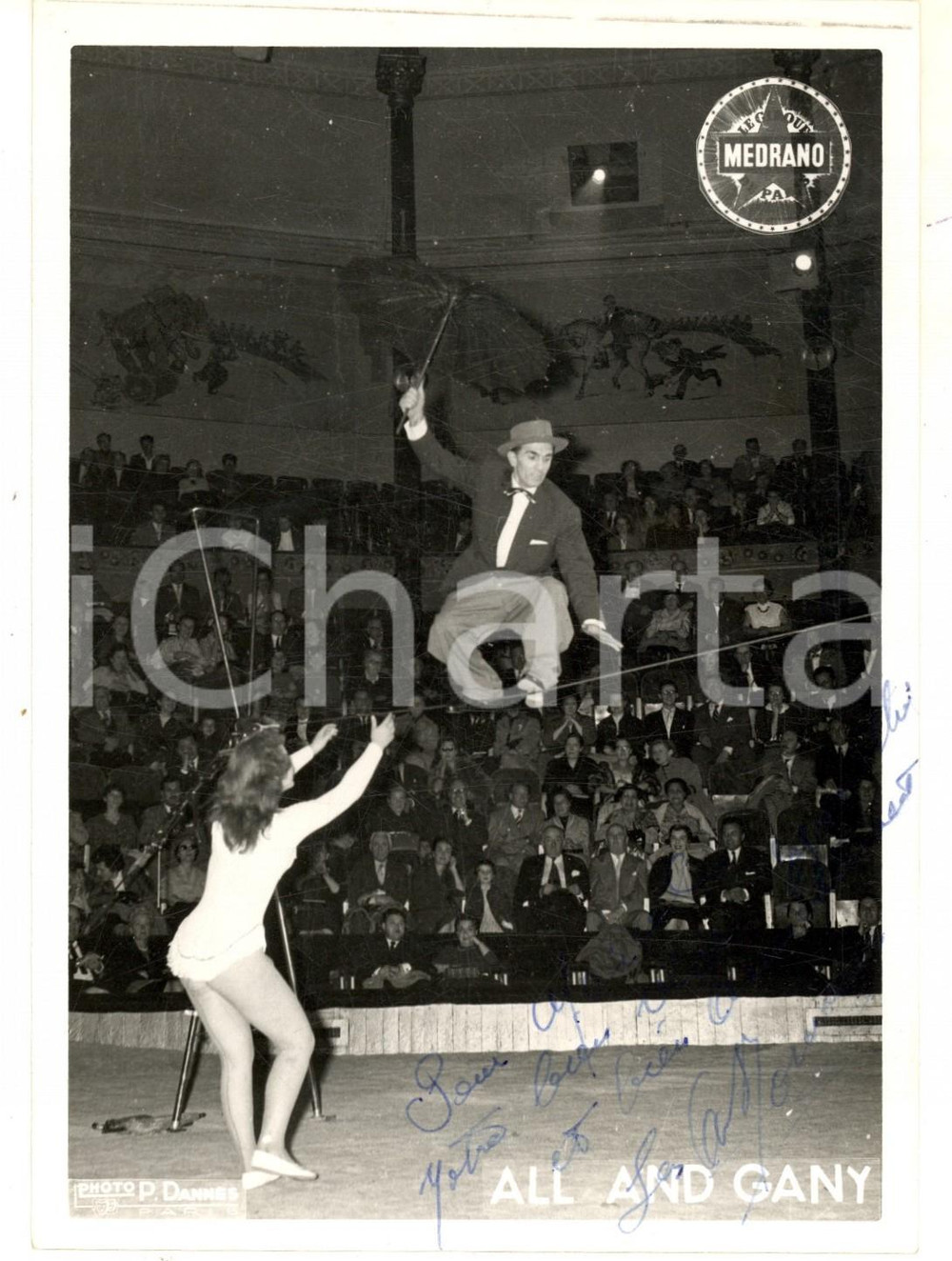 Autografo originale 1960 ca PARIS CIRQUE MEDRANO Numero di ALL AND GANY sul filo Foto con AUTOGRAFO 1