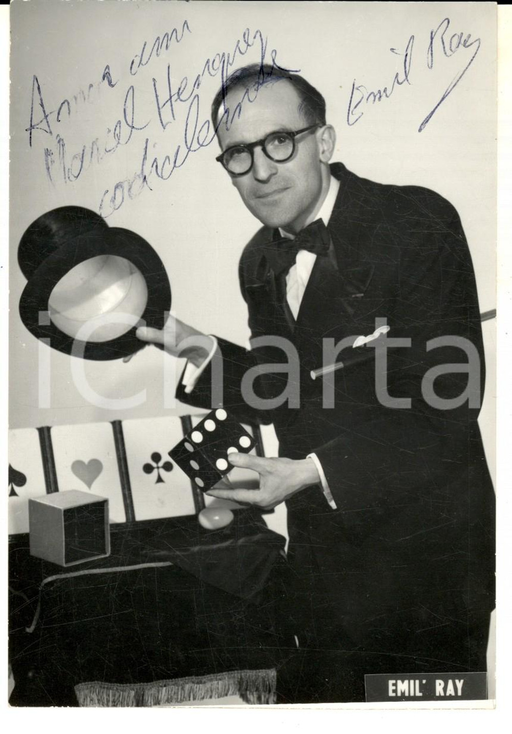 Autografo originale 1960 ca FRANCE CIRCUS Ritratto di Emil RAY prestigiatore Foto seriale AUTOGRAFO 1