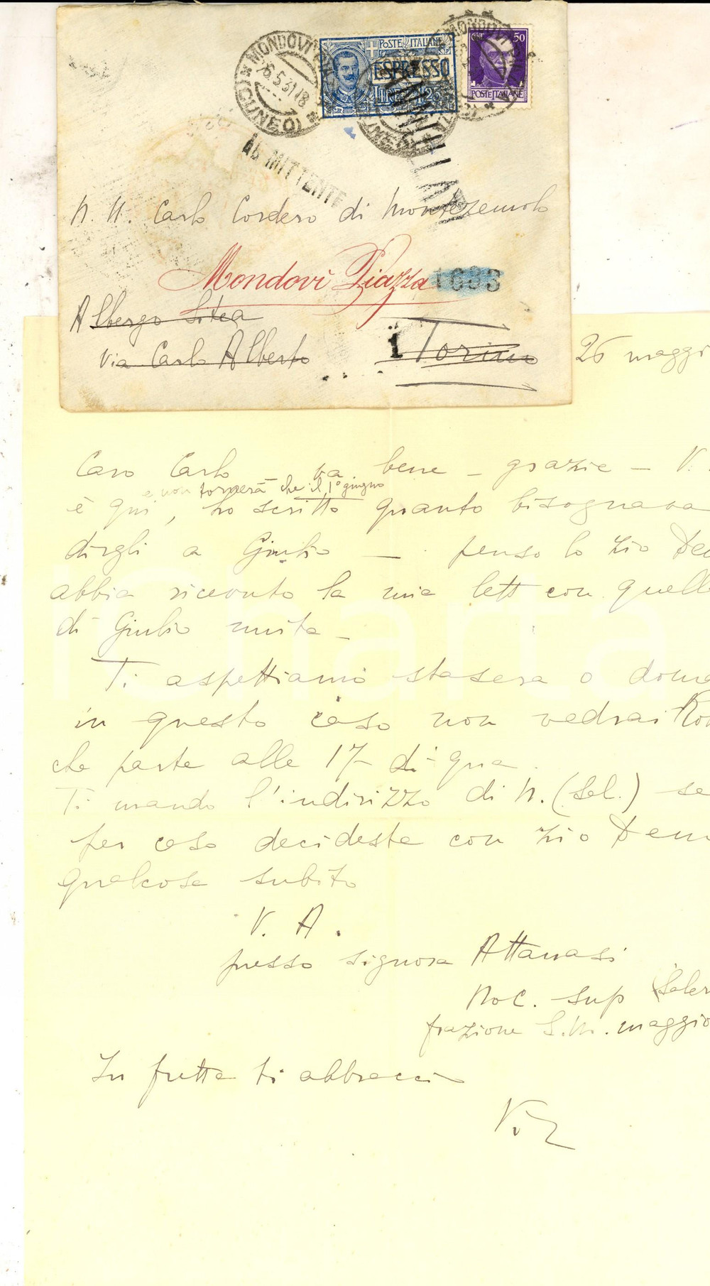Documento originale, autentico 1931 MONDOVI  CN Lettera di Virginia CORDERO DI MONTEZEMOLO a Carlo Autografa 1