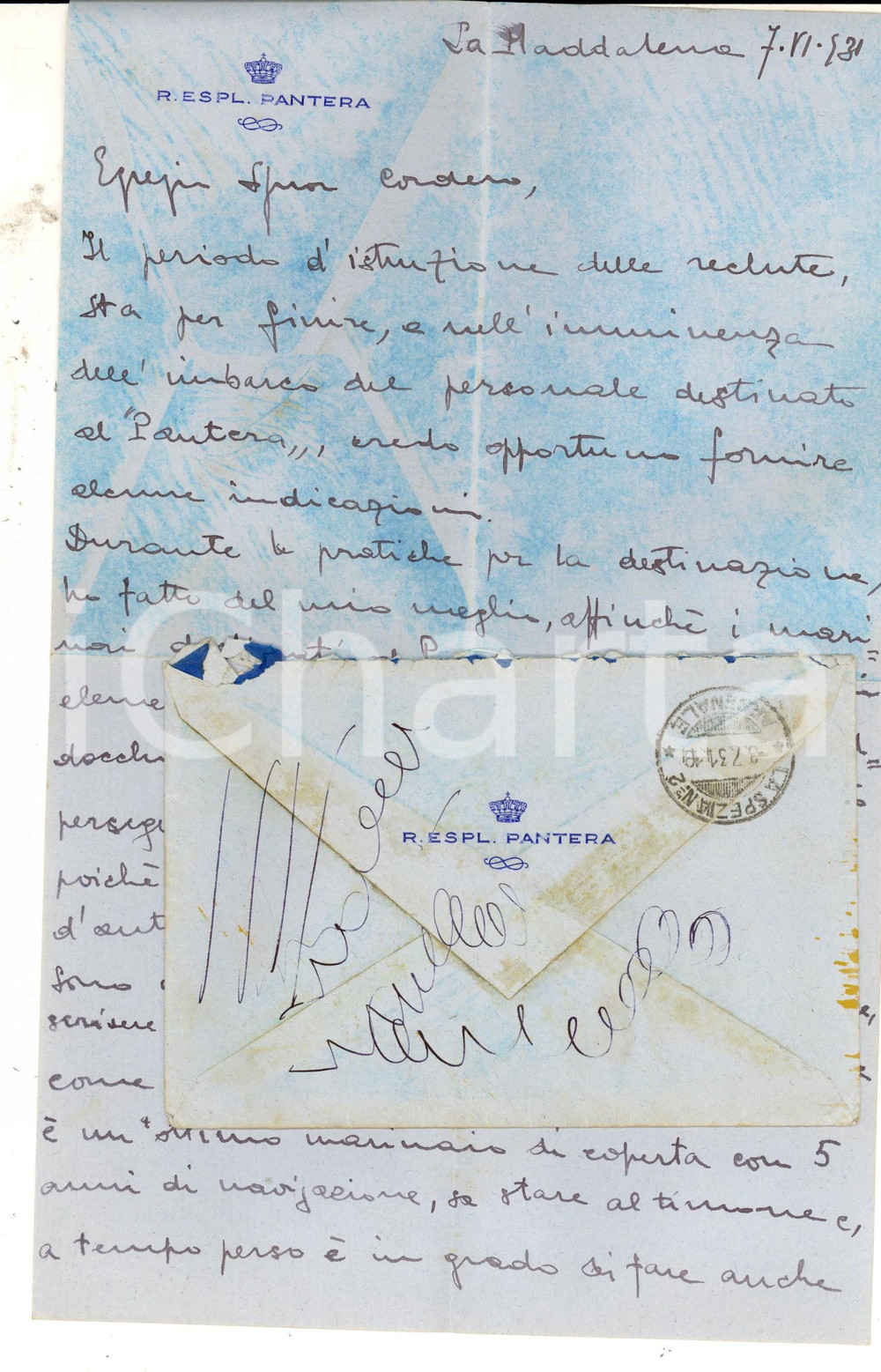 Manoscritto, lettera originale 1931 LA MADDALENA Nave PANTERA Cesare BIFFIGNANDI sul reclutamento dei marinai 1