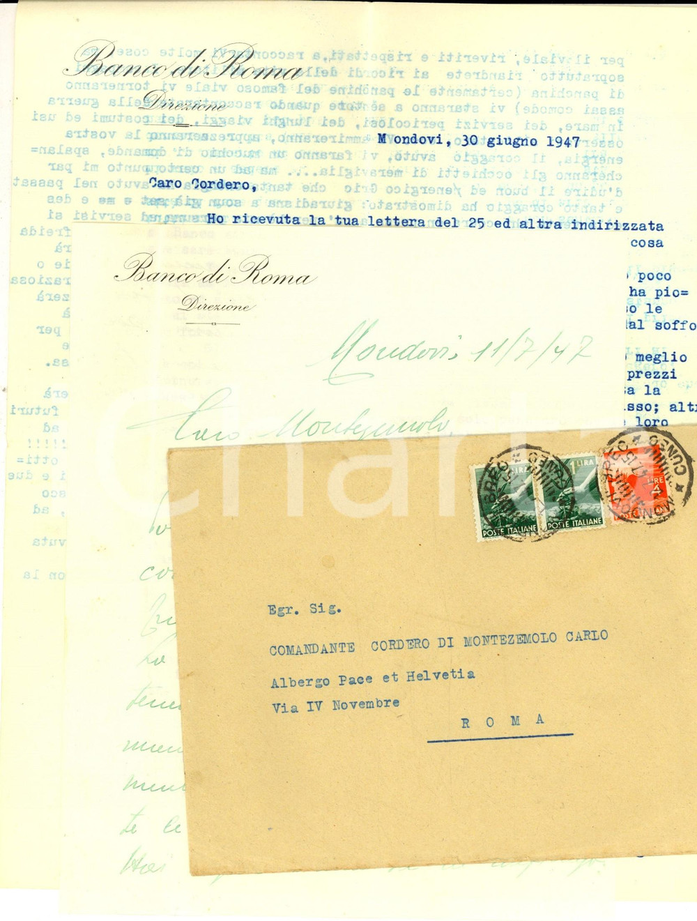 Manoscritto, lettera originale 1947 MONDOVI  BANCO DI ROMA Direttore ALBERTI sulla vitaccia dei piccoli centri 1