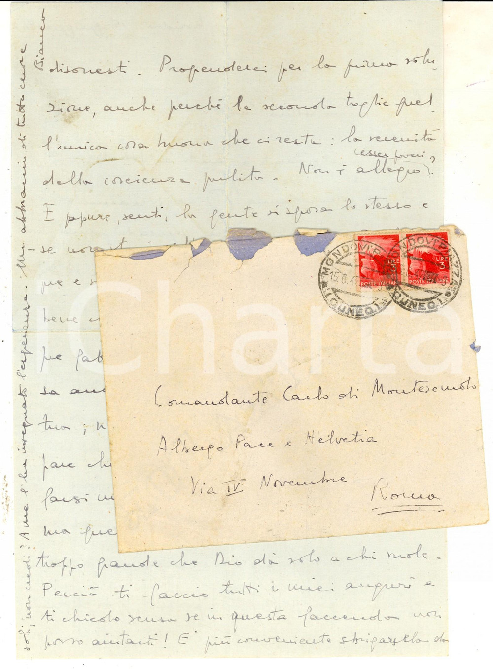 Manoscritto, lettera originale 1947 MONDOVI  Bianca CORDERO DI MONTEZEMOLO O poveri o disonesti Autografo 1