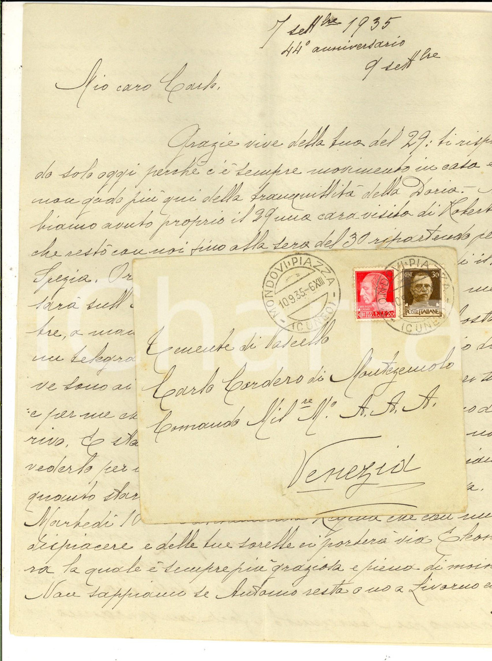 Manoscritto, lettera originale 1935 MONDOVI  Marchesa CORDERO DI MONTEZEMOLO al figlio Carlo Autografo 1