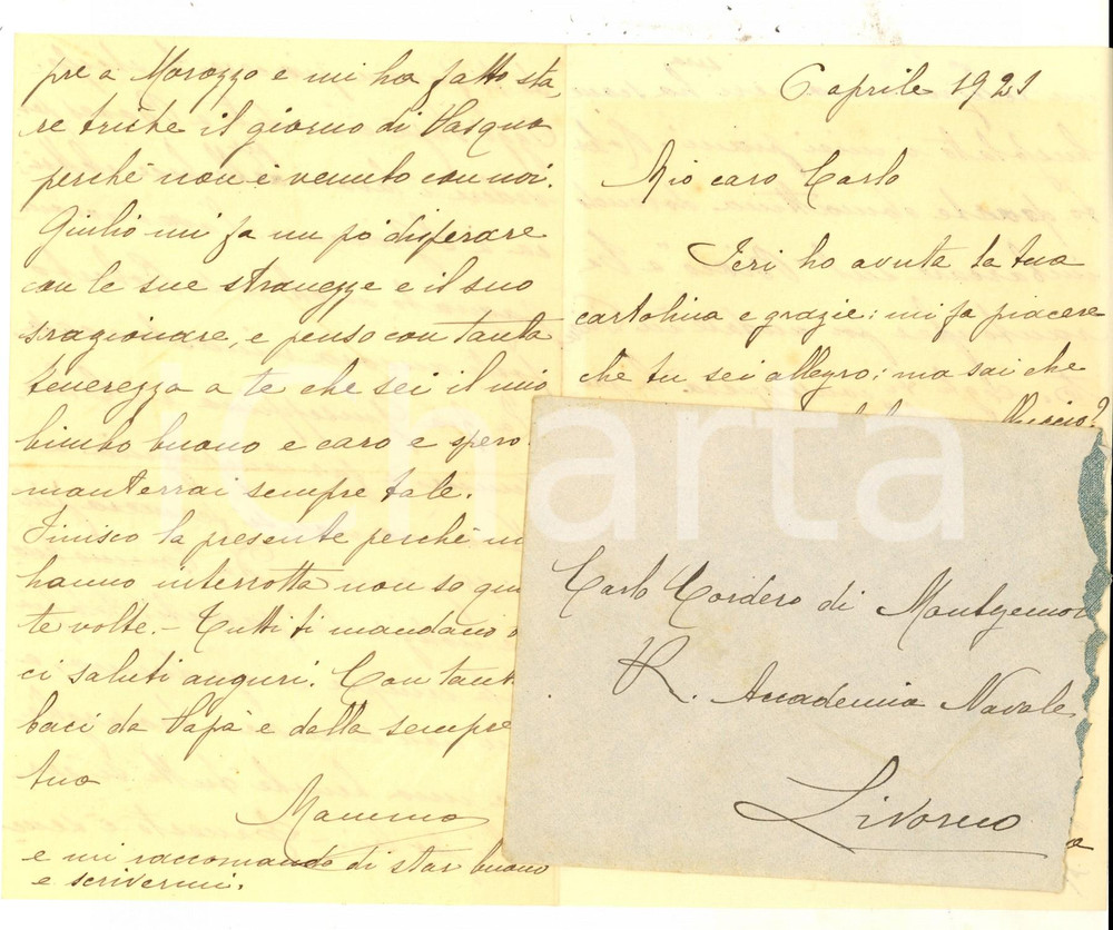 Manoscritto, lettera originale 1921 MONDOVI  Marchesa CORDERO DI MONTEZEMOLO manda panini e caramelle al figlio 1