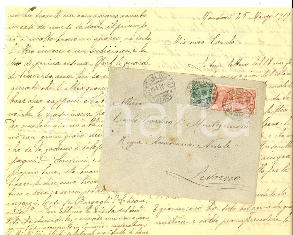 Manoscritto, lettera originale 1919 MONDOVI  Marchesa CORDERO DI MONTEZEMOLO al figlio Carlo Autografo 1