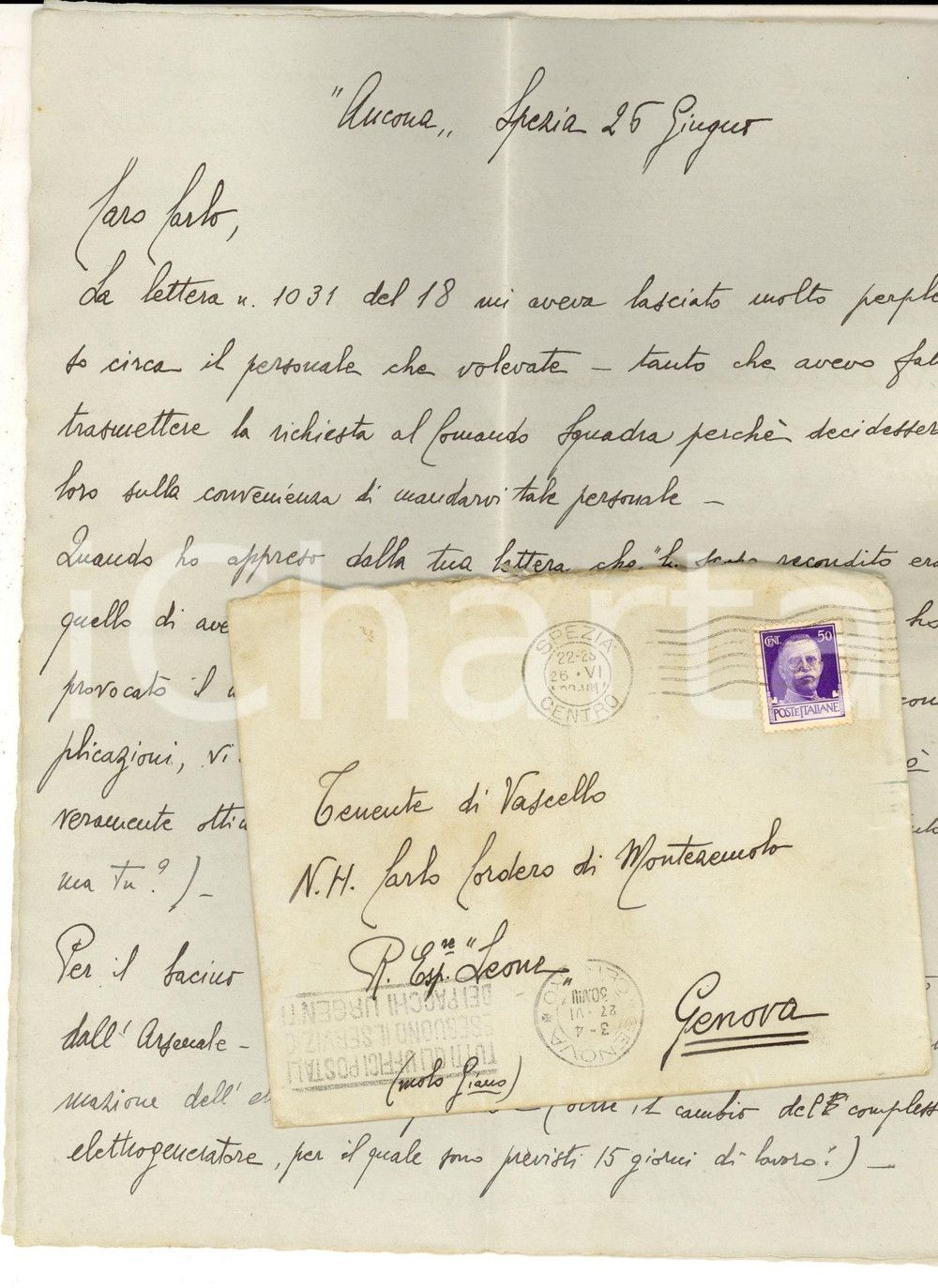 Manoscritto, lettera originale 1930 Regia Nave ANCONA  Renato CARACCIOLO su itinerario 2 Divisione Lettera 1