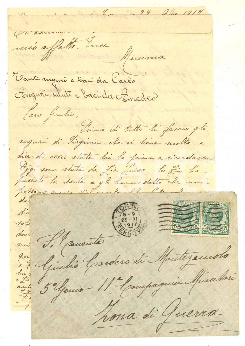 Manoscritto, lettera originale 1917 TORINO Marchesa CORDERO DI MONTEZEMOLO promette pacco al figlio Giulio 1