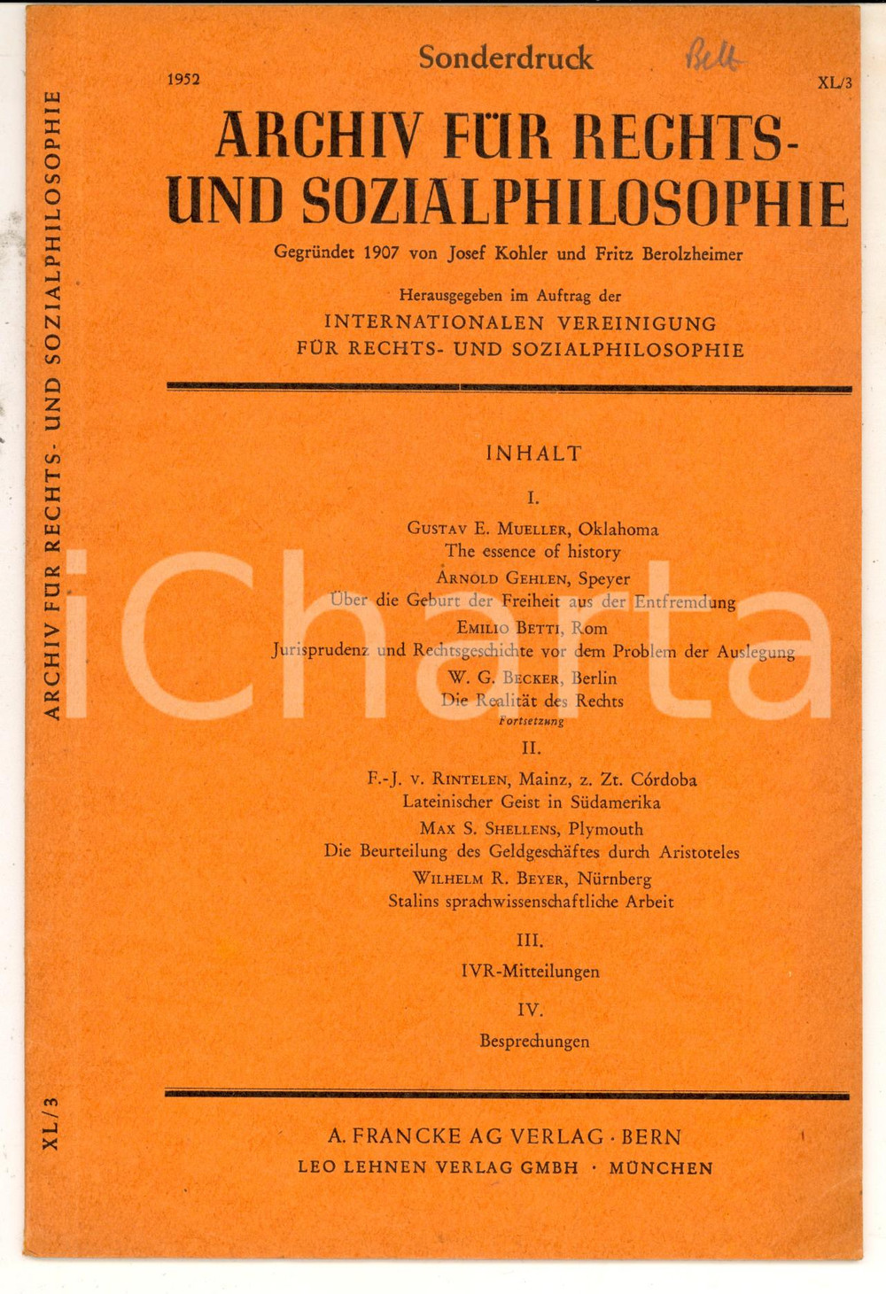 Libro, pubblicazione d epoca 1952 Emilio BETTI Jurisprudenz und Rechtsgeschichte vor Problem der Auslegung 1