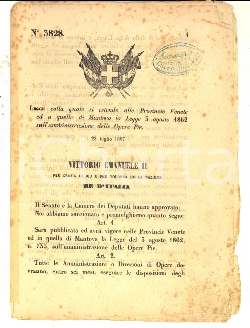 1867 MANTOVA e VENETO Legge sull'amministrazione delle Opere Pie *Decreto 3828