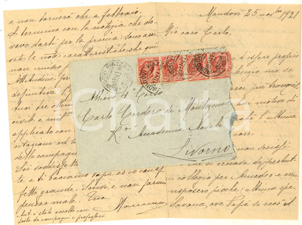 Manoscritto, lettera originale 1921 MONDOVI  Marchesa CORDERO DI MONTEZEMOLO sul collegio dei figli Lettera 1