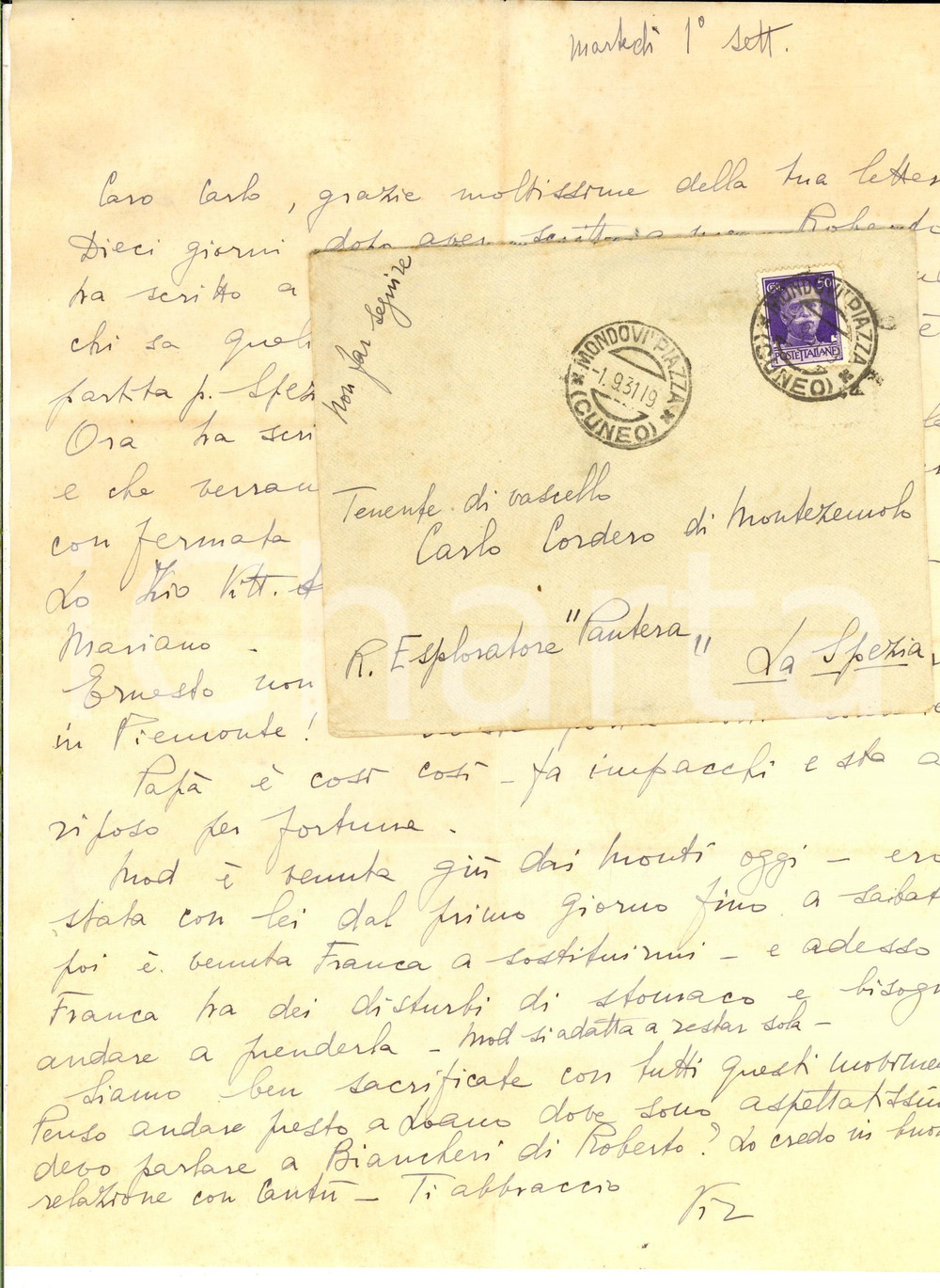 Manoscritto, lettera originale 1931 MOROZZO Virginia CORDERO DI MONTEZEMOLO preoccupata per Roberto Lettera 1