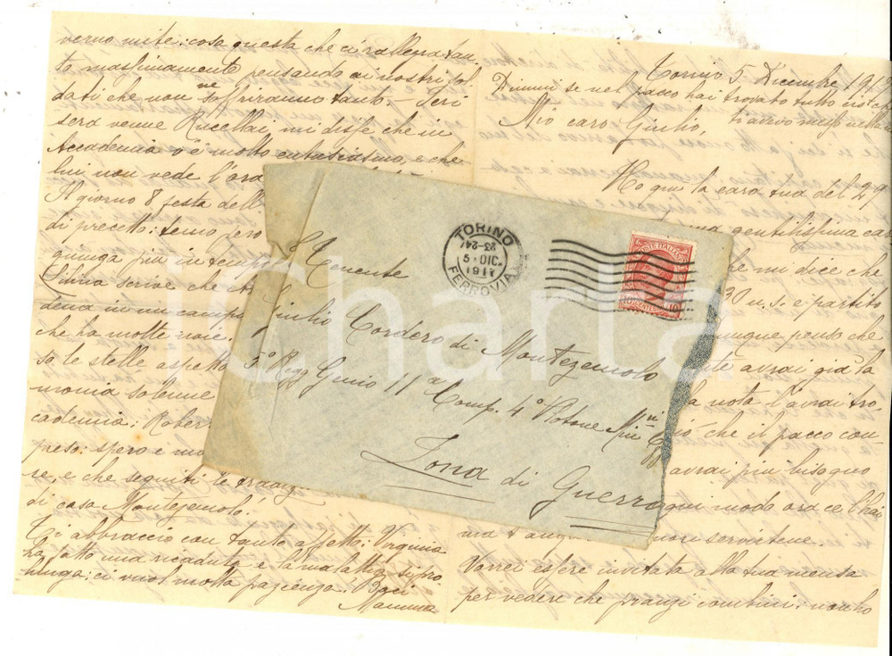 Manoscritto, lettera originale 1917 TORINO Marchesa DI MONTEZEMOLO invia pacco al figlio Giulio in guerra 1