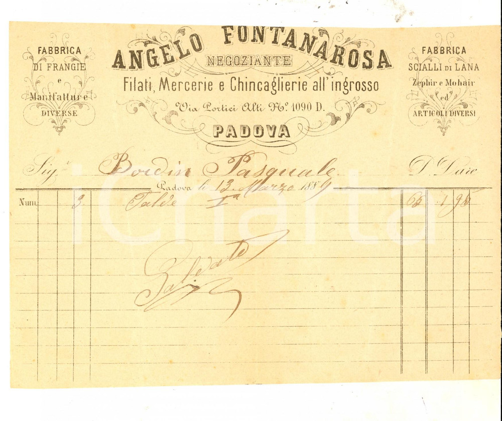 Documento originale, autentico 1889 PADOVA Angelo FONTANAROSA Mercerie e chincaglierie Fattura intestata 1