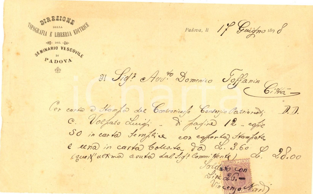 1898 PADOVA Tipografia del SEMINARIO VESCOVILE Ricevuta per stampe *Bollo