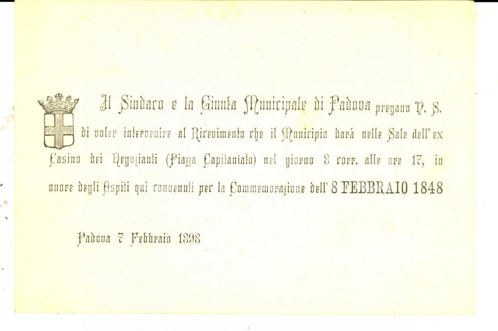 Documento originale, autentico 1898 PADOVA Invito per ricevimento all ex Casino dei Negozianti VINTAGE 1
