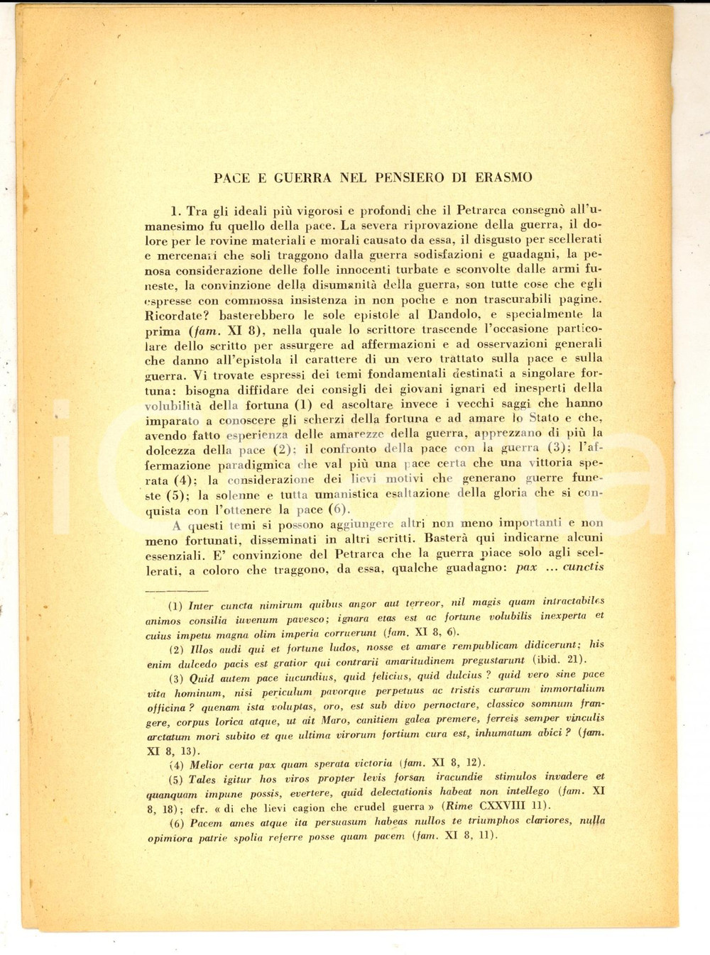 Libro, pubblicazione d epoca 1953 Mario SANTORO Pace e guerra nel pensiero di Erasmo Estratto 20 pp. 1