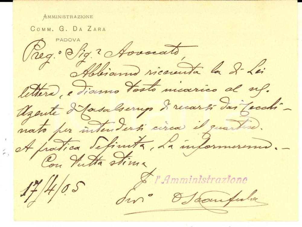 Documento originale, autentico 1905 PADOVA Amministrazione Comm. G. DA ZARA Biglietto intestato 14x11 VINTAGE 1