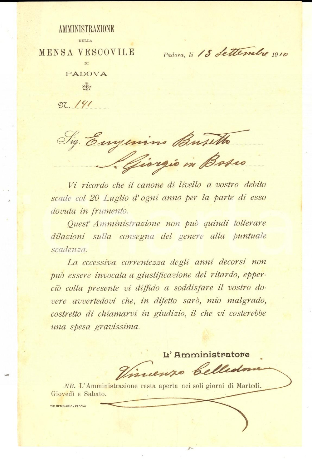 Documento originale, autentico 1910 PADOVA Mensa Vescovile  Richiesta saldo canone Vincenzo CELLEDONI 1