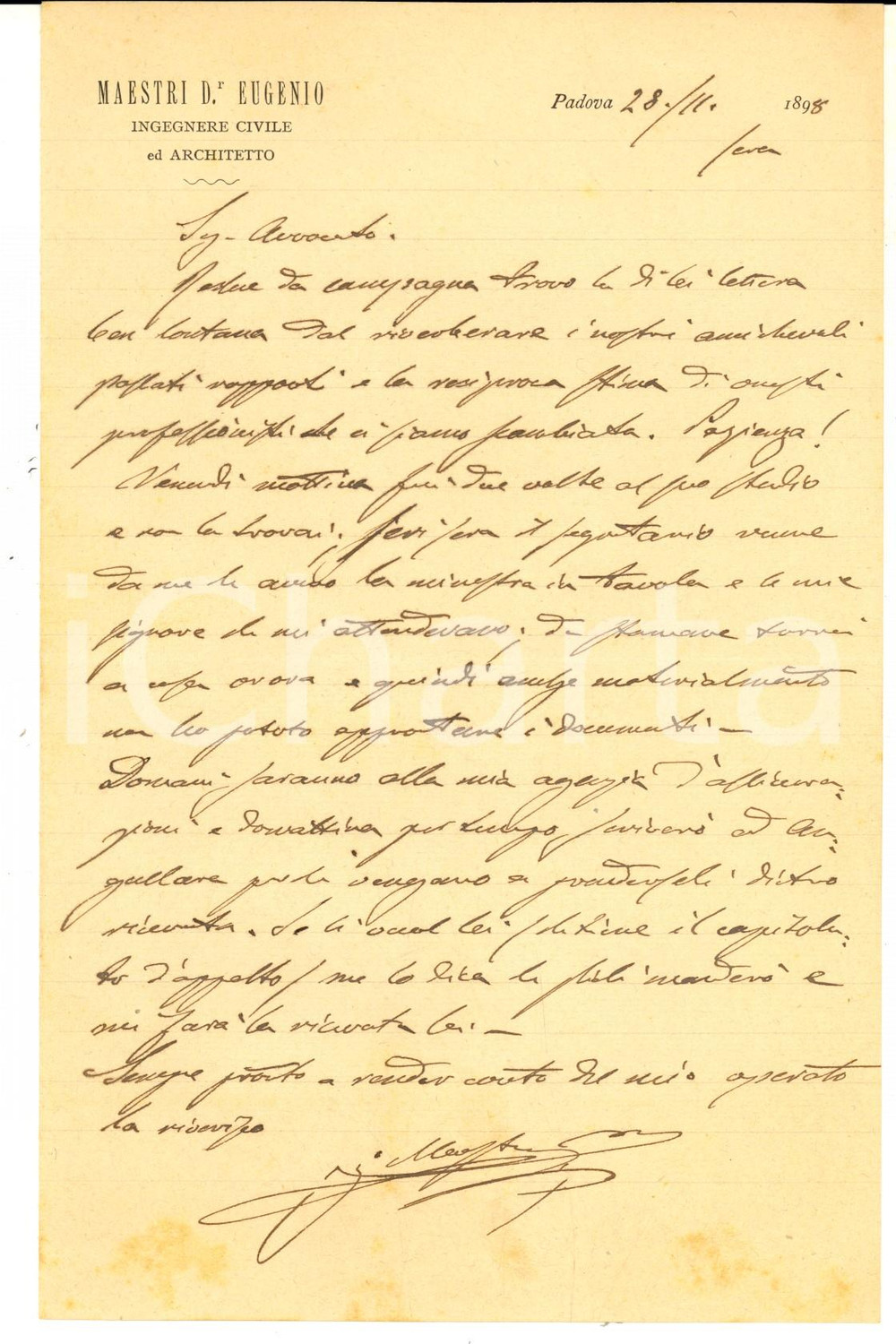 Autografo originale 1898 PADOVA Ing. Eugenio MAESTRI a un collega poco amichevole AUTOGRAFO 1