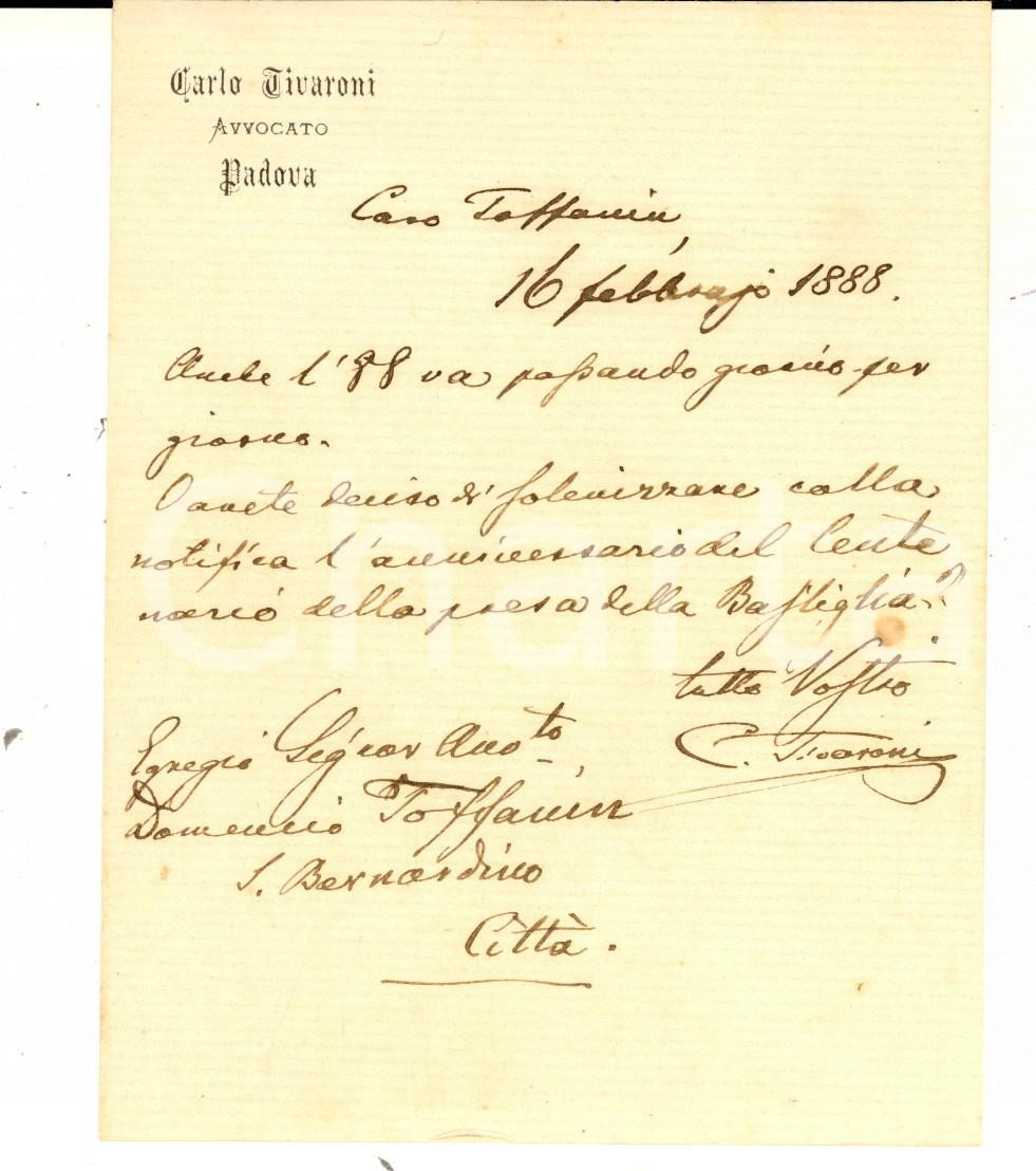 Documento originale, autentico 1888 PADOVA Polemizzate la presa della Bastiglia?  Autografo Carlo TIVARONI 1